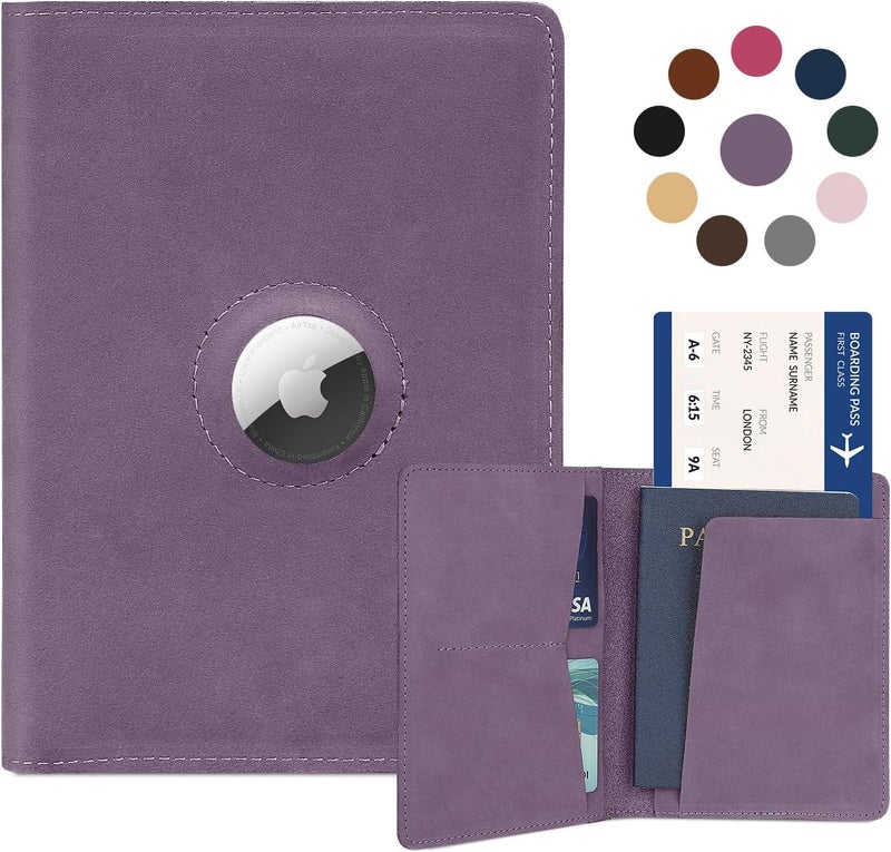 Kicoroiny Airtag Passport Holder for Women Men Travel, Real Leather Passport Wallet, Handmade Passport Cover Case with Airtag Slot, Travel Must Haves Essentials Accessories Birthday Gifts (Crazy Horse, Purple) - Image 1